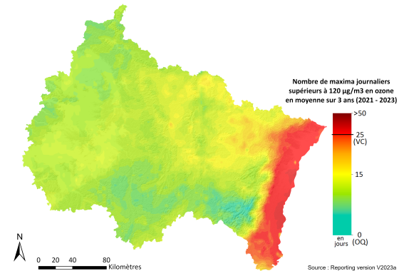 ZRE Régionale - Nombre maxima journaliers (8h glissantes) en O3 >120µg/m3 en moyenne sur 3 ans (2021-2023)