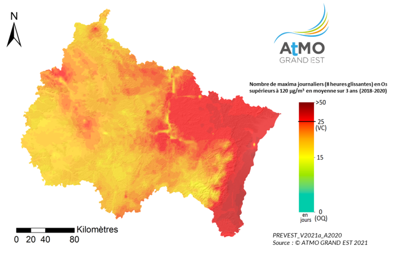 ZRE Régionale - Nombre maxima journaliers (8h glissantes) en O3 >120µg/m3 en moyenne sur 3 ans (2018-2020)