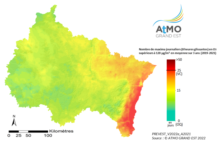 ZRE Régionale - Nombre maxima journaliers (8h glissantes) en O3 >120µg/m3 en moyenne sur 3 ans (2019-2021)