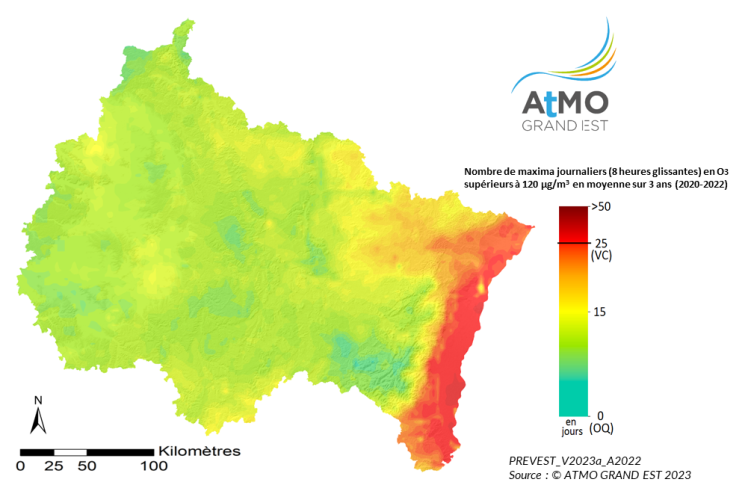 ZRE Régionale - Nombre maxima journaliers (8h glissantes) en O3 >120µg/m3 en moyenne sur 3 ans (2020-2022)