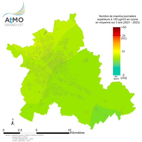 ZAR Reims - Nombre maxima journaliers (8h glissantes) en O3 >120µg/m3 en moyenne sur 3 ans (2021-2023)