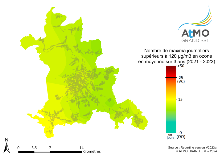ZAG Nancy - Nombre maxima journaliers (8h glissantes) en O3 >120µg/m3 en moyenne sur 3 ans (2021-2023)