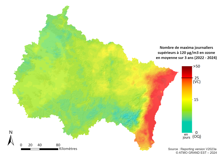 ZRE Régionale - Nombre maxima journaliers (8h glissantes) en O3 >120µg/m3 en moyenne sur 3 ans (2022-2024)