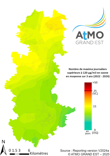 ZAG Metz - Nombre maxima journaliers (8h glissantes) en O3 >120µg/m3 en moyenne sur 3 ans (2022-2024)