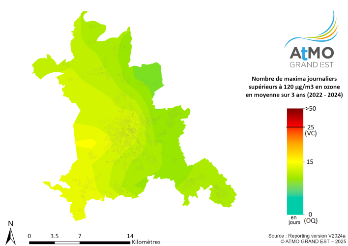 ZAG Nancy - Nombre maxima journaliers (8h glissantes) en O3 >120µg/m3 en moyenne sur 3 ans (2022-2024)