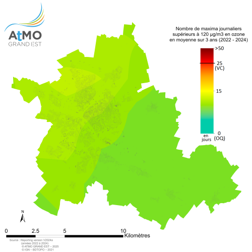 ZAR Reims - Nombre maxima journaliers (8h glissantes) en O3 >120µg/m3 en moyenne sur 3 ans (2022-2024)