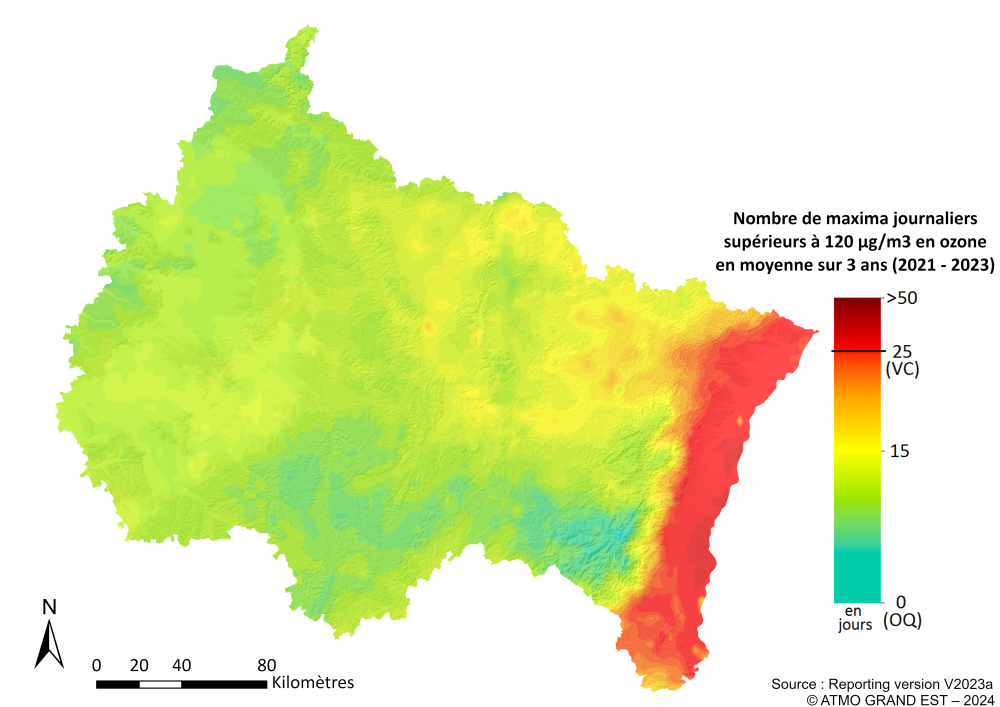 ZRE Régionale - Nombre maxima journaliers (8h glissantes) en O3 >120µg/m3 en moyenne sur 3 ans (2021-2023)