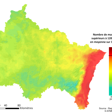 ZRE Régionale - Nombre maxima journaliers (8h glissantes) en O3 >120µg/m3 en moyenne sur 3 ans (2021-2023)